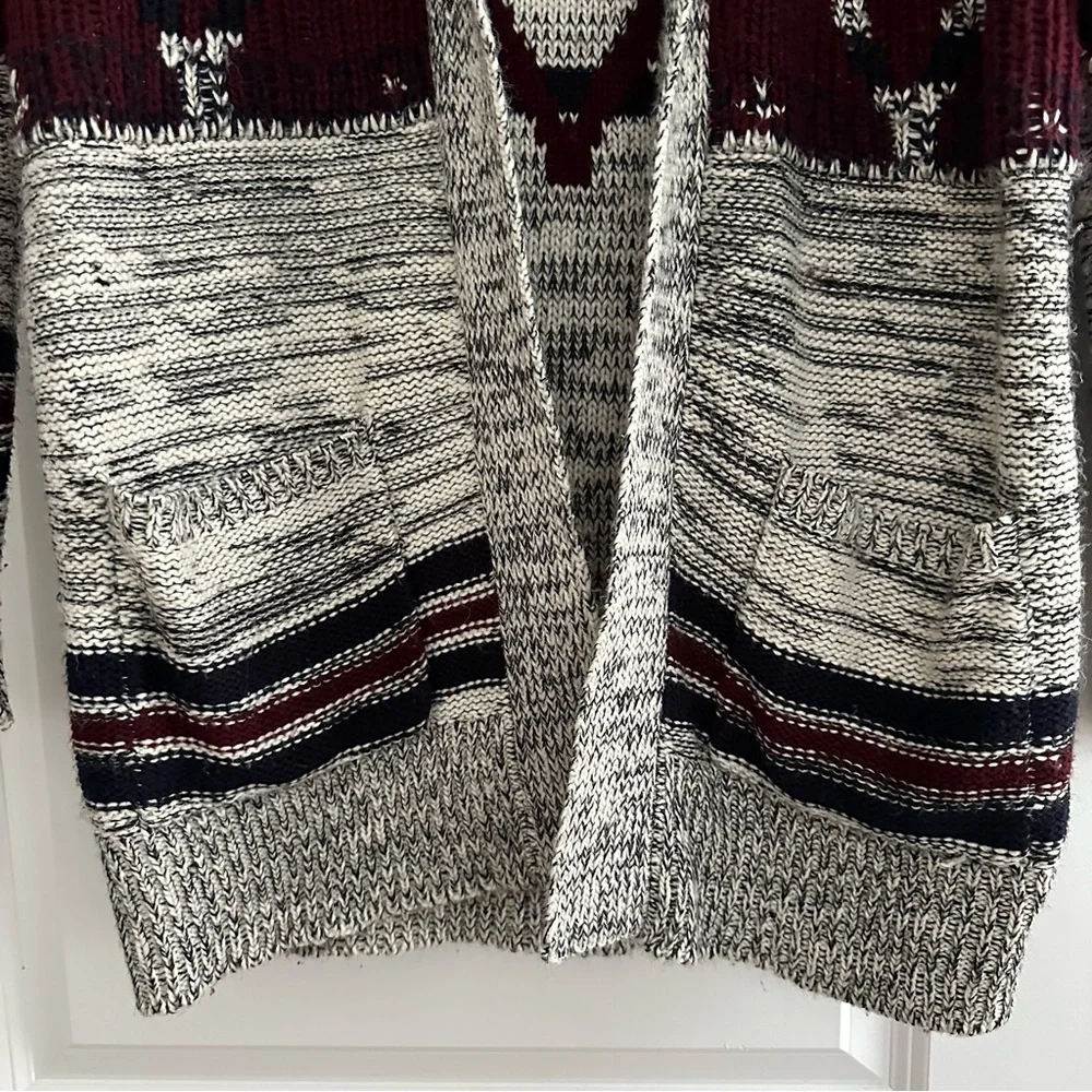 Fair Isle Fall Grey & Burgundy Open Front Oversized Cardigan Sweater